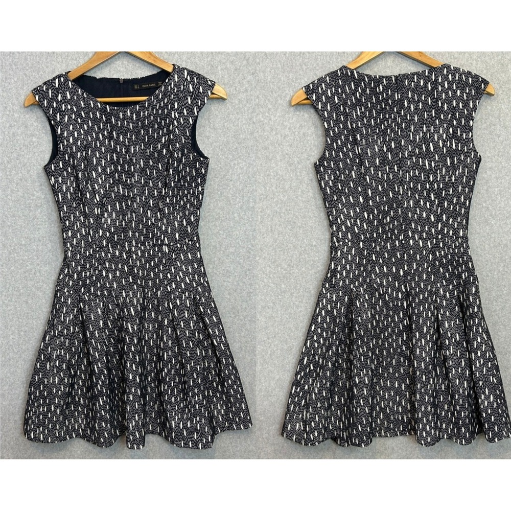 Zara Basic Size Small Fit & Flare Work Dress Navy Blue White Dash Print Office